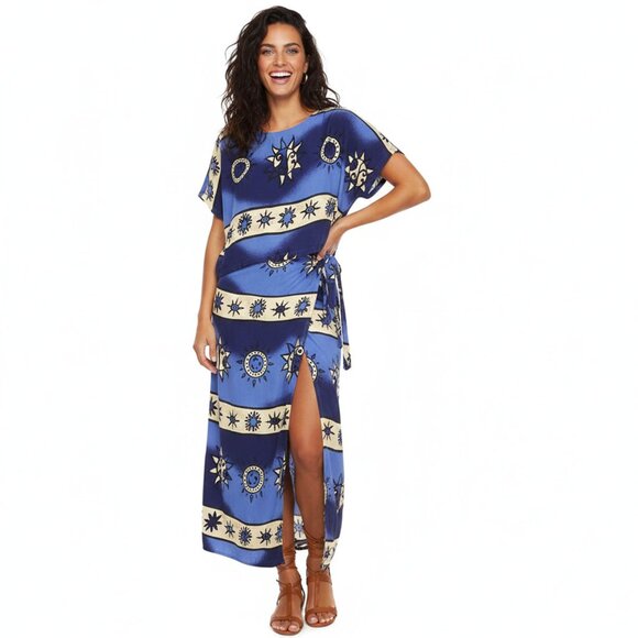 Vintage 90s Venus Sun & Moon Print Rayon Crop Top Wrap Maxi Skirt Co-ord Set - Picture 1 of 15